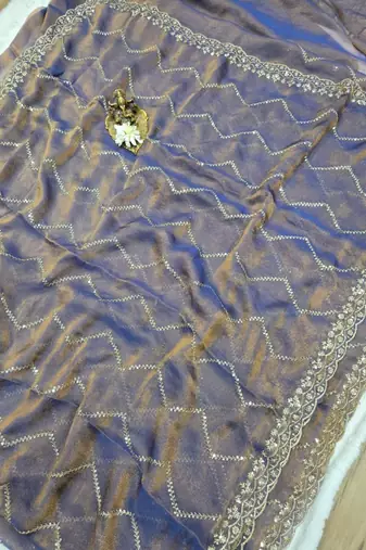 Lavender Color Multi Sequincs Emrodairy Work Sattin Saree