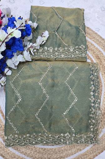 Olive Color Multi Sequincs Emrodairy Work Sattin Saree