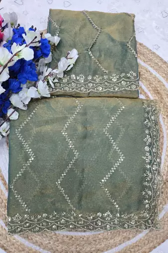 Olive Color Multi Sequincs Emrodairy Work Sattin Saree