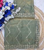 Olive Color Multi Sequincs Emrodairy Work Sattin Saree