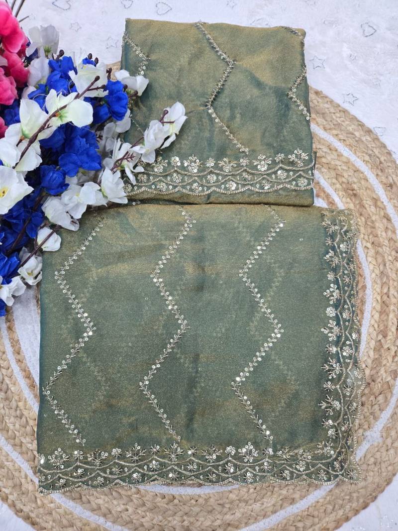 Olive Color Multi Sequincs Emrodairy Work Sattin Saree