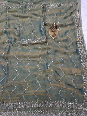 Olive Color Multi Sequincs Emrodairy Work Sattin Saree 2