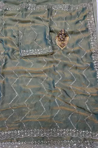 Olive Color Multi Sequincs Emrodairy Work Sattin Saree