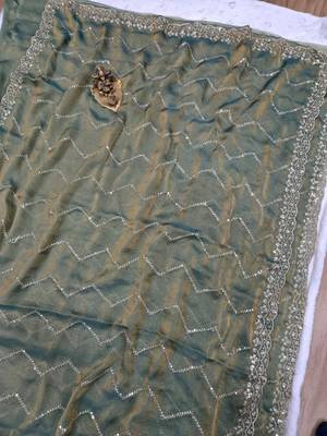 Olive Color Multi Sequincs Emrodairy Work Sattin Saree 3