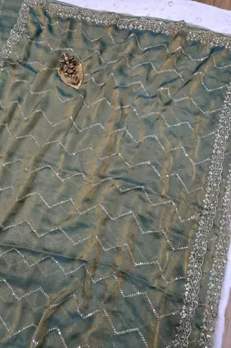 Olive Color Multi Sequincs Emrodairy Work Sattin Saree