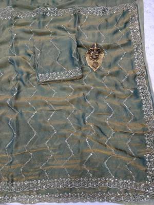 Olive Color Multi Sequincs Emrodairy Work Sattin Saree 4