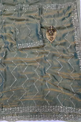 Olive Color Multi Sequincs Emrodairy Work Sattin Saree
