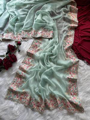Teal Color Embroidery with beautiful peacock & floral motifs Work Moss Chiffon Saree  2