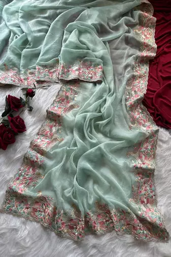 Teal Color Embroidery with beautiful peacock & floral motifs Work Moss Chiffon Saree 