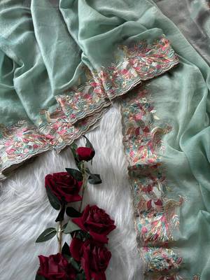 Teal Color Embroidery with beautiful peacock & floral motifs Work Moss Chiffon Saree  3