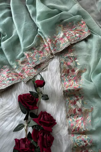 Teal Color Embroidery with beautiful peacock & floral motifs Work Moss Chiffon Saree 