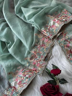 Teal Color Embroidery with beautiful peacock & floral motifs Work Moss Chiffon Saree  4