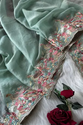 Teal Color Embroidery with beautiful peacock & floral motifs Work Moss Chiffon Saree 