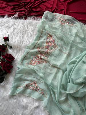 Teal Color Embroidery with beautiful peacock & floral motifs Work Moss Chiffon Saree  5