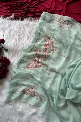 Teal Color Embroidery with beautiful peacock & floral motifs Work Moss Chiffon Saree 