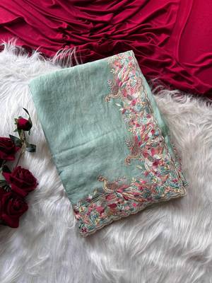 Teal Color Embroidery with beautiful peacock & floral motifs Work Moss Chiffon Saree  1