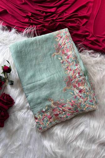 Teal Color Embroidery with beautiful peacock & floral motifs Work Moss Chiffon Saree 