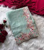 Teal Color Embroidery with beautiful peacock & floral motifs Work Moss Chiffon Saree 