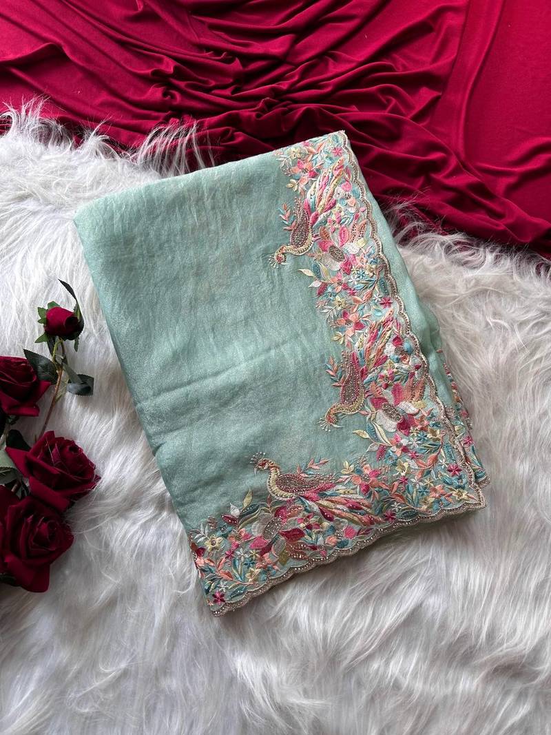 Teal Color Embroidery with beautiful peacock & floral motifs Work Moss Chiffon Saree 