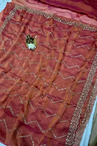 peach Color Multi Sequincs Emrodairy Work Sattin Saree