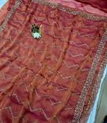 peach Color Multi Sequincs Emrodairy Work Sattin Saree