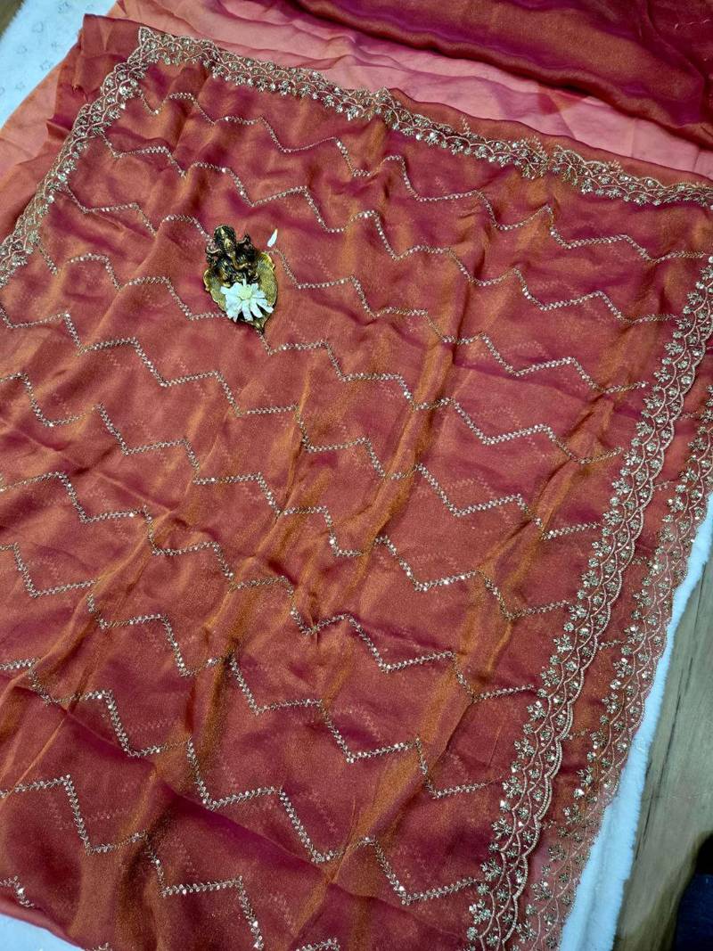 peach Color Multi Sequincs Emrodairy Work Sattin Saree