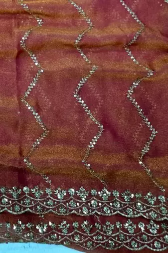 peach Color Multi Sequincs Emrodairy Work Sattin Saree
