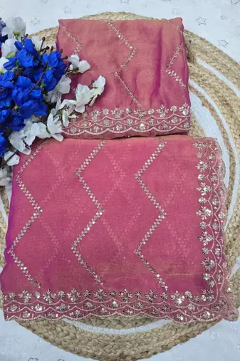 Pink Color Multi Sequincs Emrodairy Work Sattin Saree