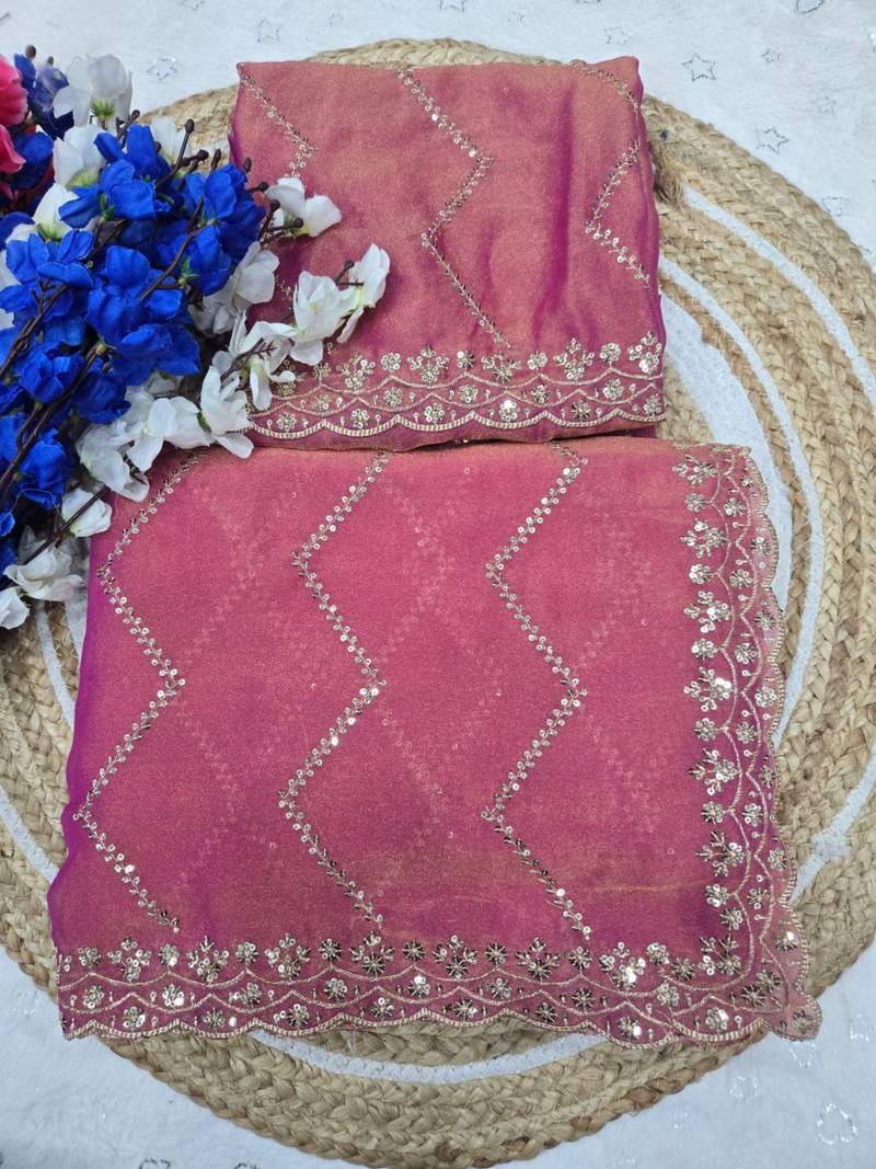 Pink Color Multi Sequincs Emrodairy Work Sattin Saree