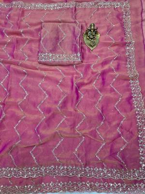 Pink Color Multi Sequincs Emrodairy Work Sattin Saree 2