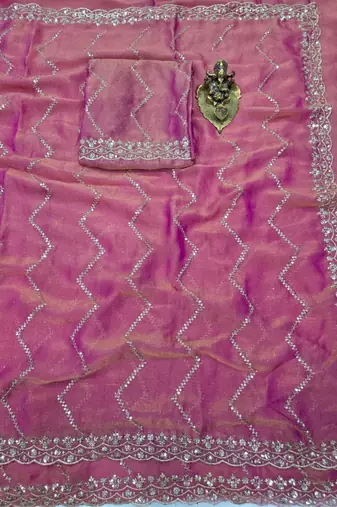 Pink Color Multi Sequincs Emrodairy Work Sattin Saree