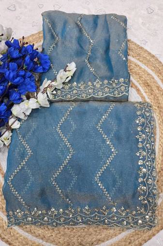 Sky Blue Color Multi Sequincs Emrodairy Work Sattin Saree