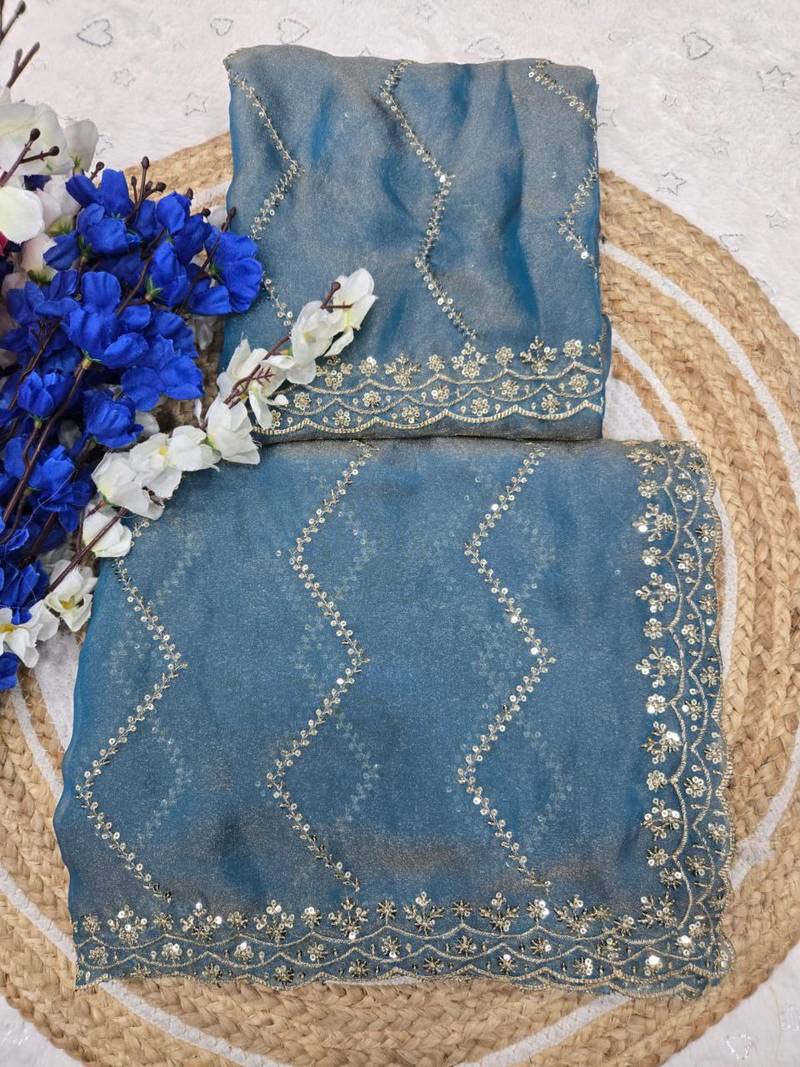 Sky Blue Color Multi Sequincs Emrodairy Work Sattin Saree