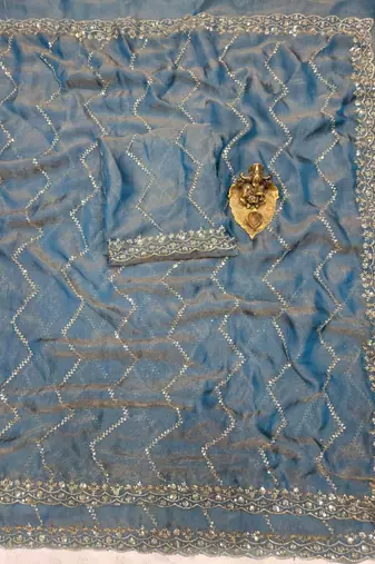 Sky Blue Color Multi Sequincs Emrodairy Work Sattin Saree