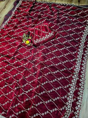 Maroon Color Sequence Emrodairy Work sattin Saree 1