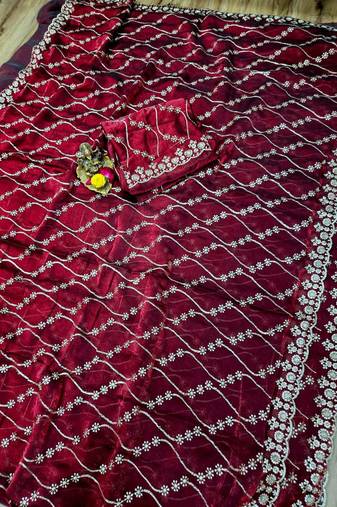 Maroon Color Sequence Emrodairy Work sattin Saree