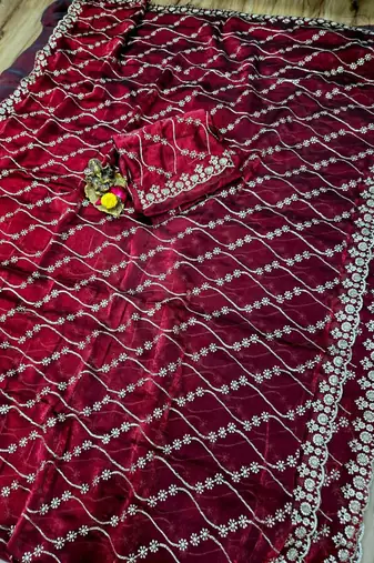 Maroon Color Sequence Emrodairy Work sattin Saree