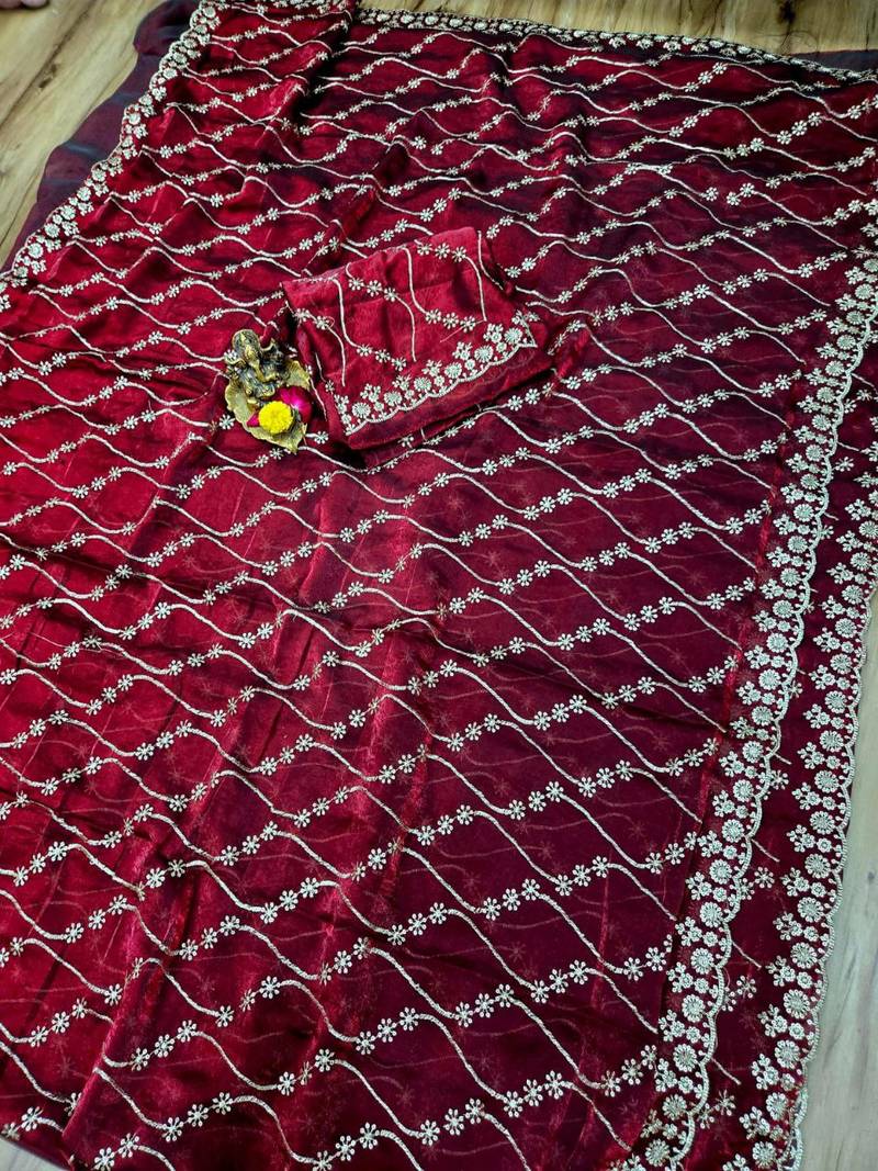 Maroon Color Sequence Emrodairy Work sattin Saree