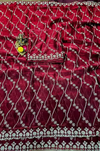 Maroon Color Sequence Emrodairy Work sattin Saree