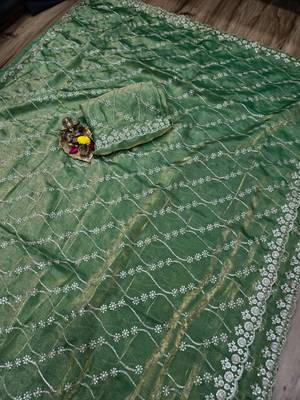 Olive Color Sequence Emrodairy Work sattin Saree 1