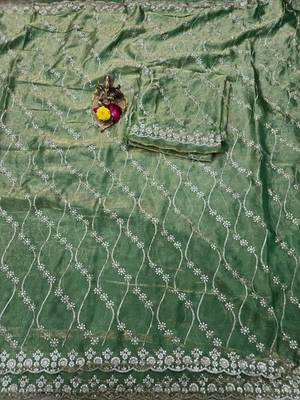 Olive Color Sequence Emrodairy Work sattin Saree 3