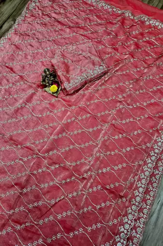 Pink Color Sequence Emrodairy Work sattin Saree