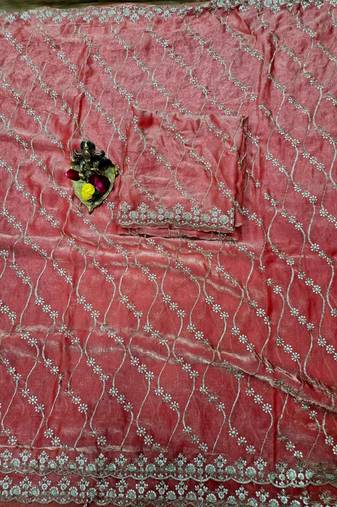 Pink Color Sequence Emrodairy Work sattin Saree