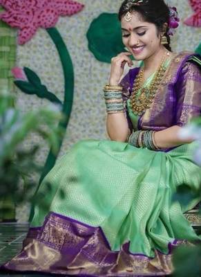 Pista green silk blend banarasi saree with unstitched blouse piece 3