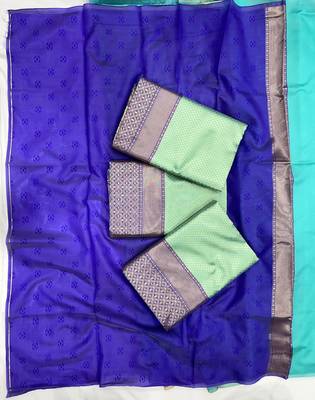 Pista green silk blend banarasi saree with unstitched blouse piece 4