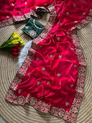 Red Color Heavy golden Embroidery And Zarkhan diamond Work Silk Saree 2