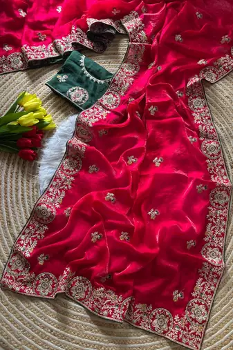 Red Color Heavy golden Embroidery And Zarkhan diamond Work Silk Saree