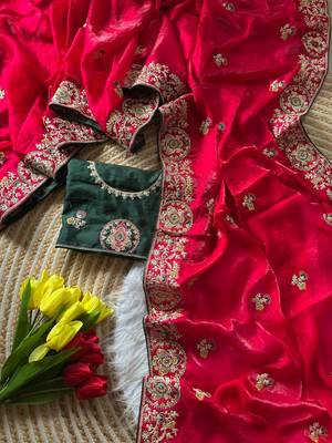 Red Color Heavy golden Embroidery And Zarkhan diamond Work Silk Saree 3