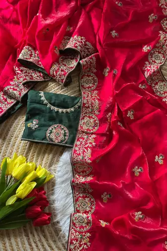 Red Color Heavy golden Embroidery And Zarkhan diamond Work Silk Saree