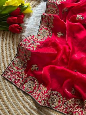 Red Color Heavy golden Embroidery And Zarkhan diamond Work Silk Saree 4